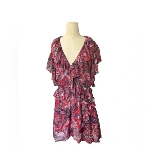 US 6 FR 36 Womens IRO Talara Short Red Dress Printed Chiffon - Picture 2 of 6